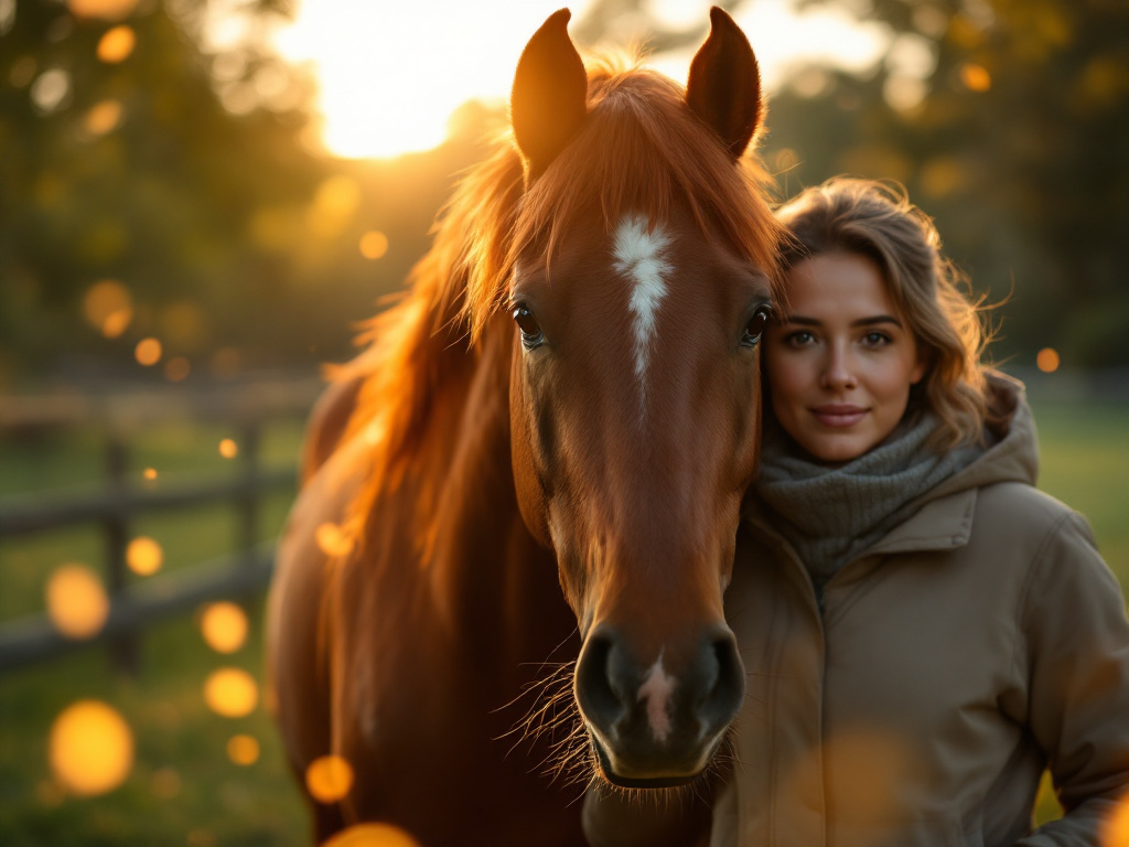 A high-quality editorial photograph capturing a moment of profound connection between a gentle horse and a person at a serene equestrian center during the golden hour. The scene radiates empathy and social inclusion, with soft, warm sunlight illuminating the horse’s coat and the person’s focused, calm expression. In the background, subtle and elegant glowing digital light trails weave through the lush green landscape, symbolizing a growing, interconnected network and technological evolution. The composition is clean and modern, with a shallow depth of field and a professional, uplifting atmosphere that emphasizes partnership, rehabilitation, and growth.