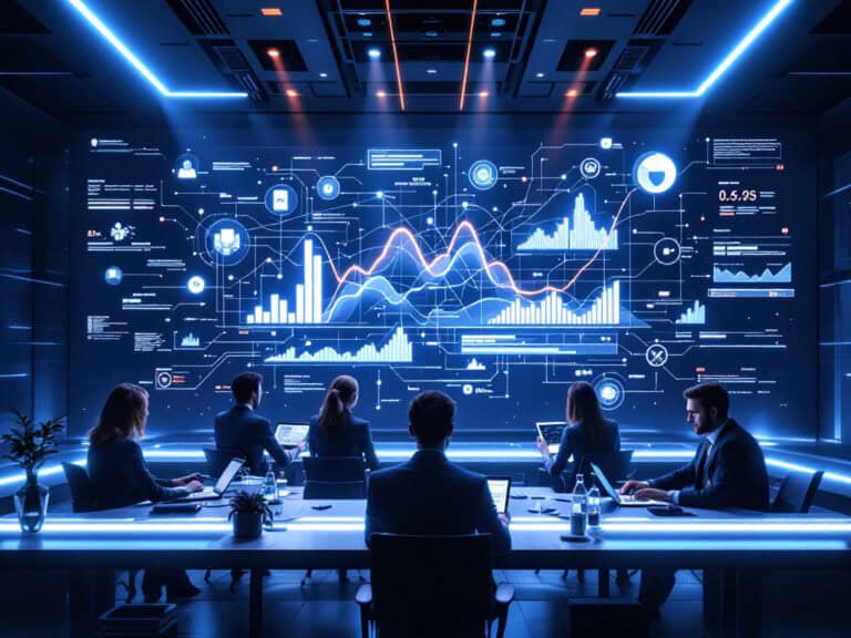 WebLit agenzia digital advertising Cinque persone in abiti formali riunite intorno a un tavolo, che analizzano una grande parete con dati, grafici e connessioni di rete luminose