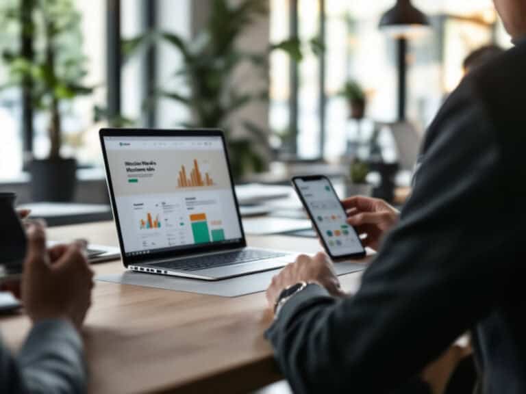 Sito Web nel 2026 Due persone in un ufficio che analizzano un dashboard di dati su laptop e smartphone, con grafici e statistiche visibili
