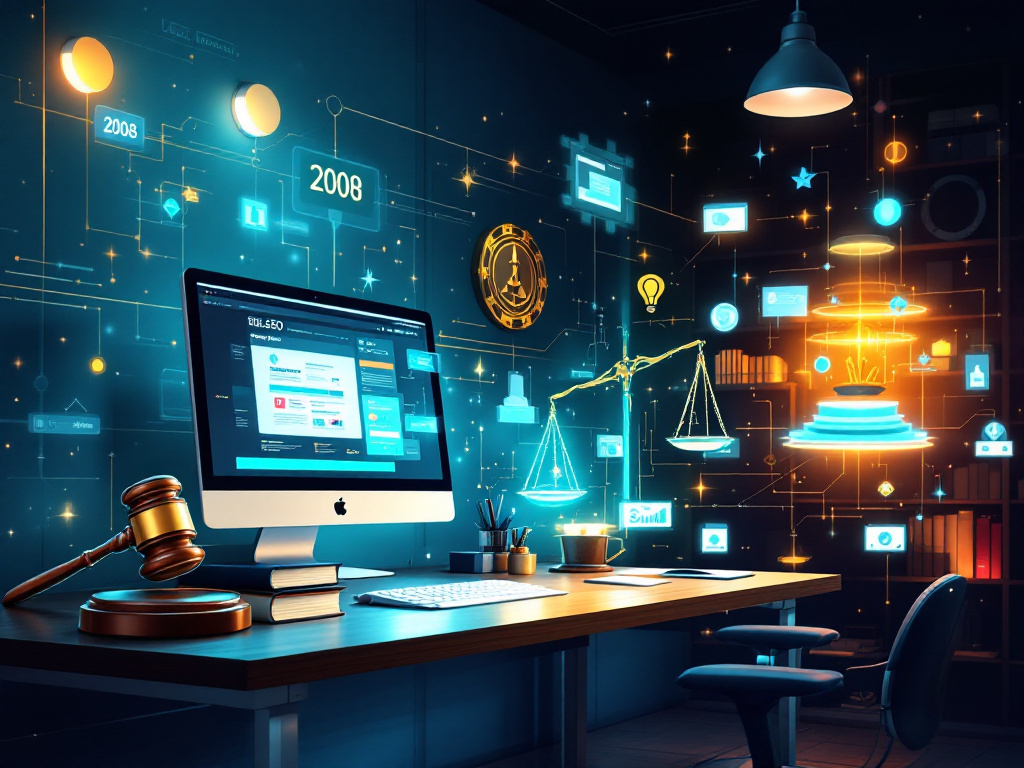 Illustrazione di una scrivania con computer che mostra grafici finanziari e legali, simboli di criptovaluta, bilancia della giustizia e icone tecnologiche sullo sfondo di un cielo notturno con elementi di blockchain