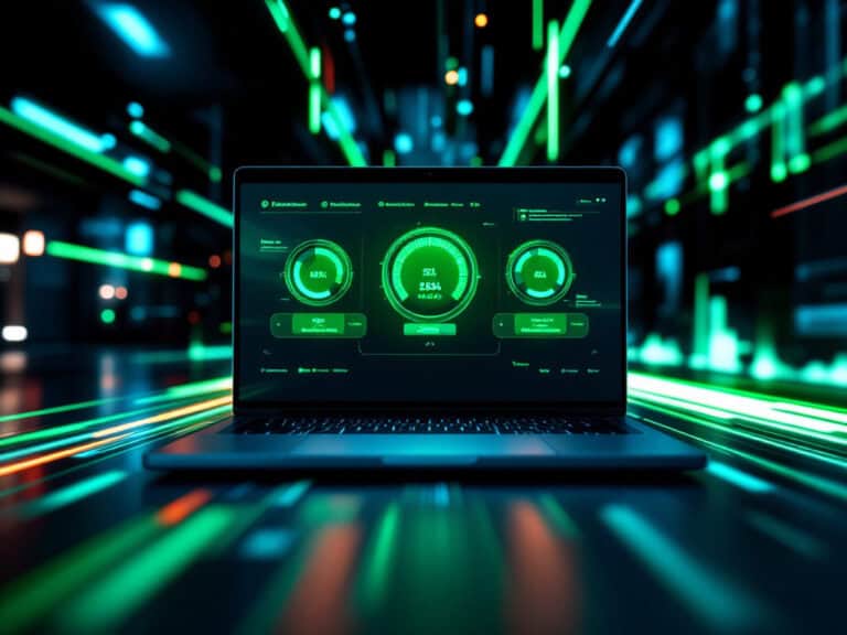 Laptop con dashboard di analisi dei dati visualizzata sullo schermo, effetto sfocato con luci verdi e blu sullo sfondo