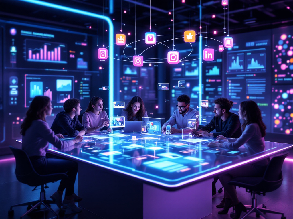 Strategia AI per social media Sette persone riunite intorno a un tavolo interattivo digitale con dati e social media proiettati, in una sala di controllo tecnologica